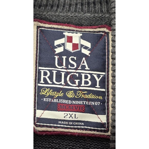 Vintage USA Rugby Sweater Varsity Letterman Pullover Elbow Patches Gray Men 2XL - Picture 3 of 12